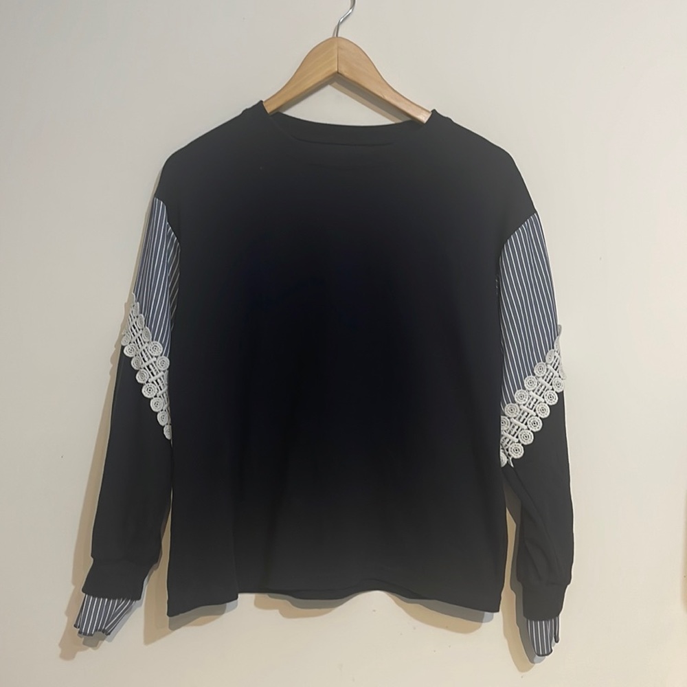 Navy Blue Sweater with striped shirt sleeve designs Medium size